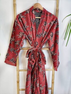 Luxury Velvet House Robe Unisex Kimono Boho Jacket Lined Autumn Winter Christmas Gift Elegant Quirky Tiger Animal | Carrot Rusted Red - Image 2
