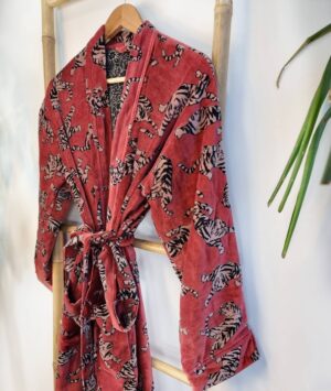 Luxury Velvet House Robe Unisex Kimono Boho Jacket Lined Autumn Winter Christmas Gift Elegant Quirky Tiger Animal | Carrot Rusted Red - Image 7