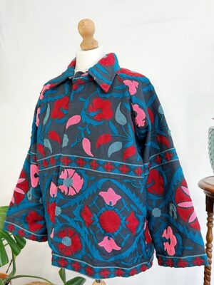 Suzani Hand Silk Embroidered Bolero Short Autumn Winter Jacket Boho Gypsy Crewel Special Love Gift | Navy Aqua Teal Pop Pink Red Mandala - Image 8