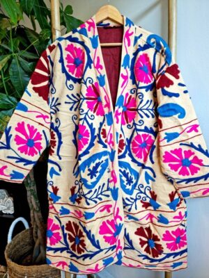 Suzani Hand Embroidered Long Jacket | Autumn Winter Boho Uzbek Kashmir Crewel | Christmas Special Gift | Classic Beige Pink Teal Turquoise | - Image 2