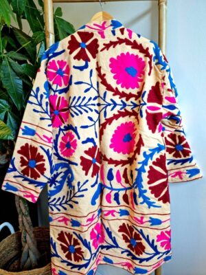 Suzani Hand Embroidered Long Jacket | Autumn Winter Boho Uzbek Kashmir Crewel | Christmas Special Gift | Classic Beige Pink Teal Turquoise | - Image 4