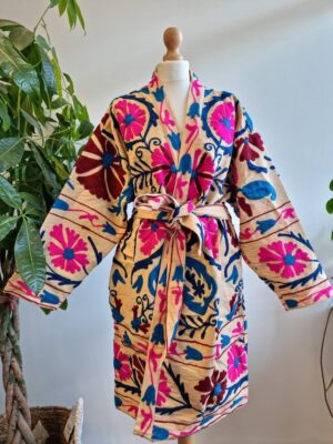 Suzani Hand Embroidered Long Jacket | Autumn Winter Boho Uzbek Kashmir Crewel | Christmas Special Gift | Classic Beige Pink Teal Turquoise | - Image 6