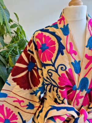 Suzani Hand Embroidered Long Jacket | Autumn Winter Boho Uzbek Kashmir Crewel | Christmas Special Gift | Classic Beige Pink Teal Turquoise | - Image 7
