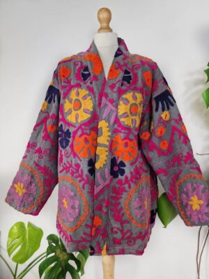 Suzani Hand Embroidered Short Jacket | Autumn Winter Boho Uzbek Kashmir Crewel | Christmas Special Gift | Classic Elegant Grey Maroon Olive - Image 3