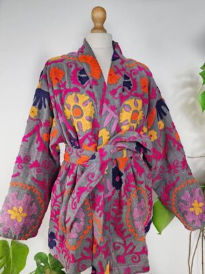 Suzani Hand Embroidered Short Jacket | Autumn Winter Boho Uzbek Kashmir Crewel | Christmas Special Gift | Classic Elegant Grey Maroon Olive - Image 5