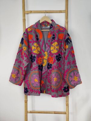 Suzani Hand Embroidered Short Jacket | Autumn Winter Boho Uzbek Kashmir Crewel | Christmas Special Gift | Classic Elegant Grey Maroon Olive - Image 9