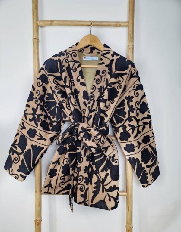 Suzani Hand Embroidered Short Jacket | Autumn Winter Boho Uzbek Kashmir Crewel | Christmas Special Gift | Classic Elegant Sand Beige Black