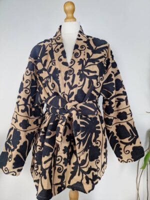 Suzani Hand Embroidered Short Jacket | Autumn Winter Boho Uzbek Kashmir Crewel | Christmas Special Gift | Classic Elegant Sand Beige Black - Image 2
