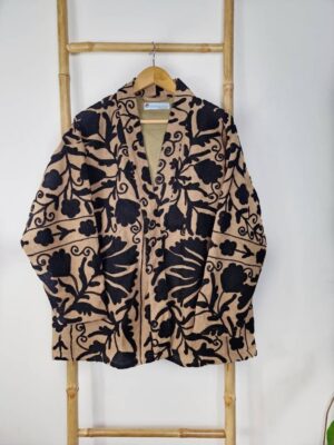 Suzani Hand Embroidered Short Jacket | Autumn Winter Boho Uzbek Kashmir Crewel | Christmas Special Gift | Classic Elegant Sand Beige Black - Image 3