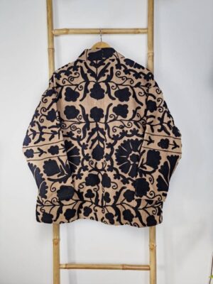 Suzani Hand Embroidered Short Jacket | Autumn Winter Boho Uzbek Kashmir Crewel | Christmas Special Gift | Classic Elegant Sand Beige Black - Image 4