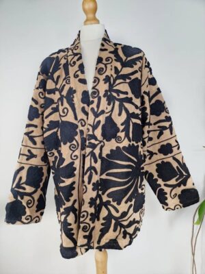 Suzani Hand Embroidered Short Jacket | Autumn Winter Boho Uzbek Kashmir Crewel | Christmas Special Gift | Classic Elegant Sand Beige Black - Image 5