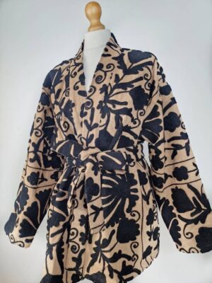 Suzani Hand Embroidered Short Jacket | Autumn Winter Boho Uzbek Kashmir Crewel | Christmas Special Gift | Classic Elegant Sand Beige Black - Image 6