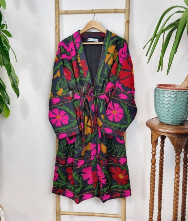 Suzani Hand Embroidered Long Jacket | Winter Boho Uzbek Kashmir Crewel | Christmas Special Gift | Classic Black Red Pink Green Mustard