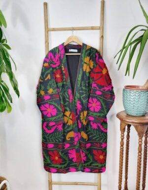Suzani Hand Embroidered Long Jacket | Winter Boho Uzbek Kashmir Crewel | Christmas Special Gift | Classic Black Red Pink Green Mustard - Image 10
