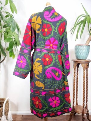 Suzani Hand Embroidered Long Jacket | Winter Boho Uzbek Kashmir Crewel | Christmas Special Gift | Classic Black Red Pink Green Mustard - Image 2