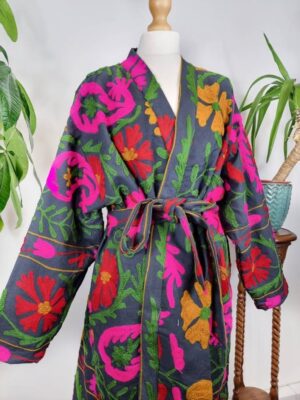 Suzani Hand Embroidered Long Jacket | Winter Boho Uzbek Kashmir Crewel | Christmas Special Gift | Classic Black Red Pink Green Mustard - Image 3
