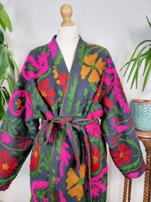 Suzani Hand Embroidered Long Jacket | Winter Boho Uzbek Kashmir Crewel | Christmas Special Gift | Classic Black Red Pink Green Mustard - Image 4