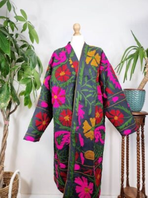 Suzani Hand Embroidered Long Jacket | Winter Boho Uzbek Kashmir Crewel | Christmas Special Gift | Classic Black Red Pink Green Mustard - Image 5