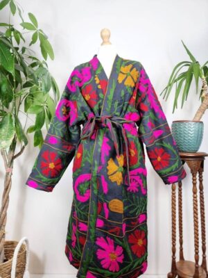 Suzani Hand Embroidered Long Jacket | Winter Boho Uzbek Kashmir Crewel | Christmas Special Gift | Classic Black Red Pink Green Mustard - Image 6