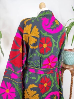 Suzani Hand Embroidered Long Jacket | Winter Boho Uzbek Kashmir Crewel | Christmas Special Gift | Classic Black Red Pink Green Mustard - Image 7