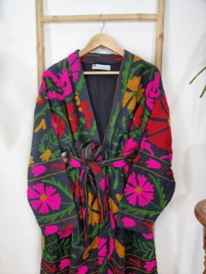Suzani Hand Embroidered Long Jacket | Winter Boho Uzbek Kashmir Crewel | Christmas Special Gift | Classic Black Red Pink Green Mustard - Image 8
