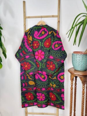 Suzani Hand Embroidered Long Jacket | Winter Boho Uzbek Kashmir Crewel | Christmas Special Gift | Classic Black Red Pink Green Mustard - Image 9