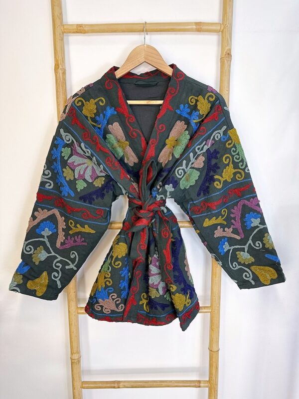 Suzani Hand Embroidered Short Jacket | Spring Bohemian Boho Gypsy Crewel Festival Special Gift | Classic Charcoal Black Grey Muted Pastels