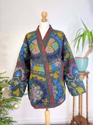 Suzani Hand Embroidered Short Jacket | Spring Bohemian Boho Gypsy Crewel Festival Special Gift | Classic Charcoal Black Grey Muted Pastels - Image 10
