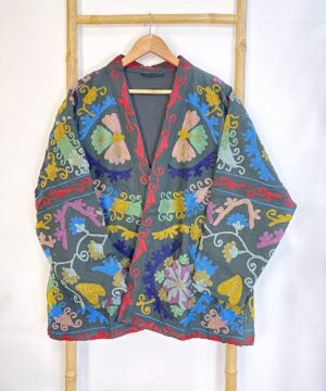 Suzani Hand Embroidered Short Jacket | Spring Bohemian Boho Gypsy Crewel Festival Special Gift | Classic Charcoal Black Grey Muted Pastels - Image 2