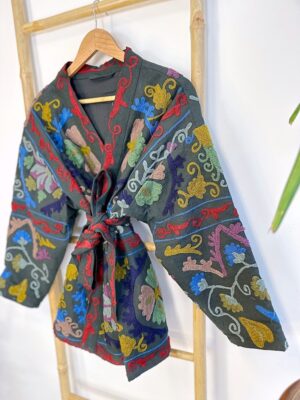 Suzani Hand Embroidered Short Jacket | Spring Bohemian Boho Gypsy Crewel Festival Special Gift | Classic Charcoal Black Grey Muted Pastels - Image 3