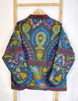 Suzani Hand Embroidered Short Jacket | Spring Bohemian Boho Gypsy Crewel Festival Special Gift | Classic Charcoal Black Grey Muted Pastels - Image 4