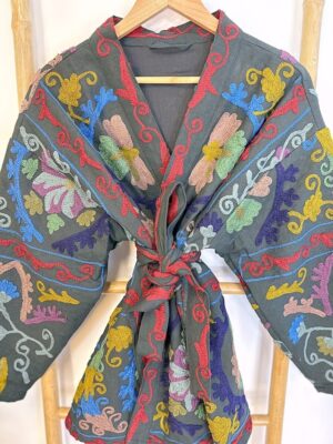 Suzani Hand Embroidered Short Jacket | Spring Bohemian Boho Gypsy Crewel Festival Special Gift | Classic Charcoal Black Grey Muted Pastels - Image 6