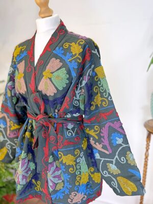Suzani Hand Embroidered Short Jacket | Spring Bohemian Boho Gypsy Crewel Festival Special Gift | Classic Charcoal Black Grey Muted Pastels - Image 7