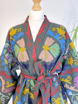 Suzani Hand Embroidered Short Jacket | Spring Bohemian Boho Gypsy Crewel Festival Special Gift | Classic Charcoal Black Grey Muted Pastels - Image 8