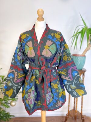 Suzani Hand Embroidered Short Jacket | Spring Bohemian Boho Gypsy Crewel Festival Special Gift | Classic Charcoal Black Grey Muted Pastels - Image 9