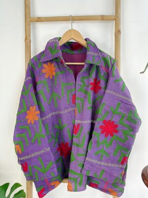 Suzani Hand Embroidered Vintage Kantha Short Bolero Jacket | Boho Freespirit Quirky | Luxury Special Gift | Purple Red Green - Image 2
