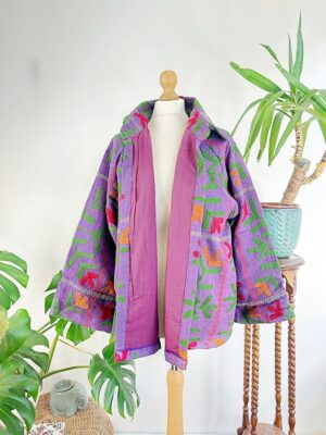 Suzani Hand Embroidered Vintage Kantha Short Bolero Jacket | Boho Freespirit Quirky | Luxury Special Gift | Purple Red Green - Image 4