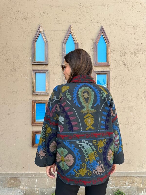 Suzani Hand Embroidered Unisex Bolero Short Artist Jacket Spring Boho Festival Yatch Special Love Gift | Quirky Black Muted Hues