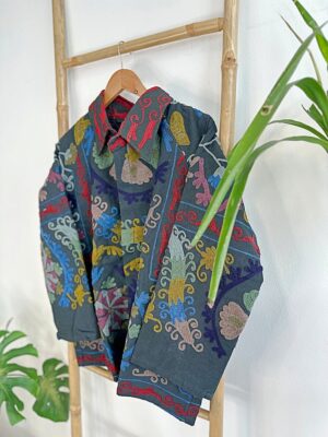 Suzani Hand Embroidered Unisex Bolero Short Artist Jacket Spring Boho Festival Yatch Special Love Gift | Quirky Black Muted Hues - Image 4