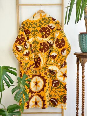 Velvet Suzani ArtisanHand Embroidered Long Jacket | Spring Elegant Boho Gypsy | Luxury Special Gift | Mustard Yellow Olive Rust Cream Bloom - Image 3