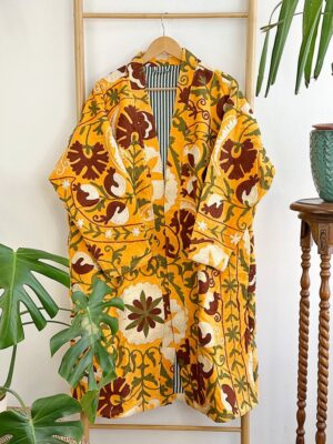 Velvet Suzani ArtisanHand Embroidered Long Jacket | Spring Elegant Boho Gypsy | Luxury Special Gift | Mustard Yellow Olive Rust Cream Bloom - Image 4