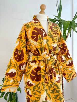 Velvet Suzani ArtisanHand Embroidered Long Jacket | Spring Elegant Boho Gypsy | Luxury Special Gift | Mustard Yellow Olive Rust Cream Bloom - Image 5