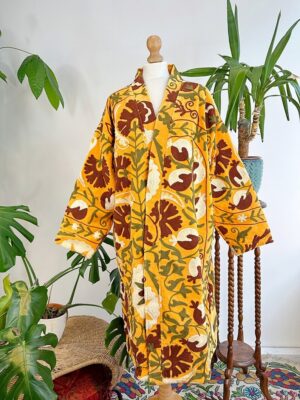 Velvet Suzani ArtisanHand Embroidered Long Jacket | Spring Elegant Boho Gypsy | Luxury Special Gift | Mustard Yellow Olive Rust Cream Bloom - Image 6