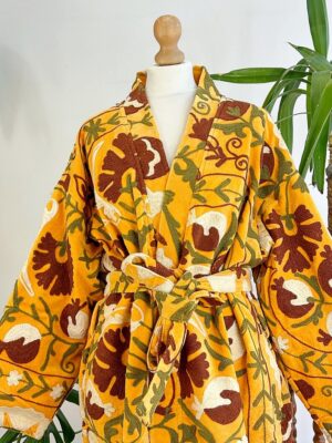 Velvet Suzani ArtisanHand Embroidered Long Jacket | Spring Elegant Boho Gypsy | Luxury Special Gift | Mustard Yellow Olive Rust Cream Bloom - Image 7