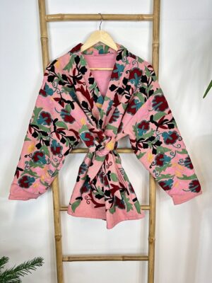 Suzani Hand Embroidered Short Bolero Front Tie Cotton Jacket | Spring Festival Coat Boho Crewel | Love Special Gift | Rose Apricot Peach - Image 3