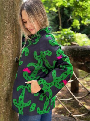 Suzani Hand Embroidered Unisex Bolero Short Artist Jacket Spring Boho Festival Special Love Gift | Quirky Black Green Pink Cactus Love Motif - Image 2