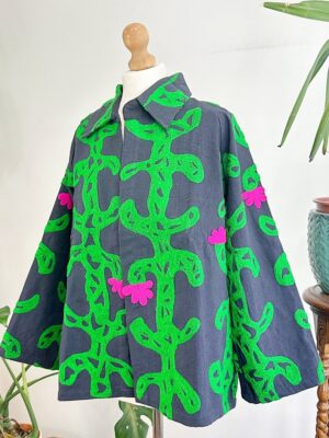 Suzani Hand Embroidered Unisex Bolero Short Artist Jacket Spring Boho Festival Special Love Gift | Quirky Black Green Pink Cactus Love Motif - Image 4