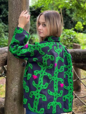 Suzani Hand Embroidered Unisex Bolero Short Artist Jacket Spring Boho Festival Special Love Gift | Quirky Black Green Pink Cactus Love Motif - Image 5