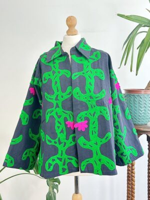 Suzani Hand Embroidered Unisex Bolero Short Artist Jacket Spring Boho Festival Special Love Gift | Quirky Black Green Pink Cactus Love Motif - Image 6