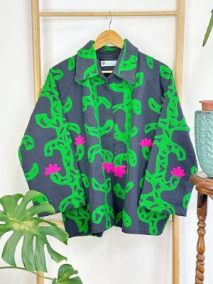 Suzani Hand Embroidered Unisex Bolero Short Artist Jacket Spring Boho Festival Special Love Gift | Quirky Black Green Pink Cactus Love Motif - Image 7